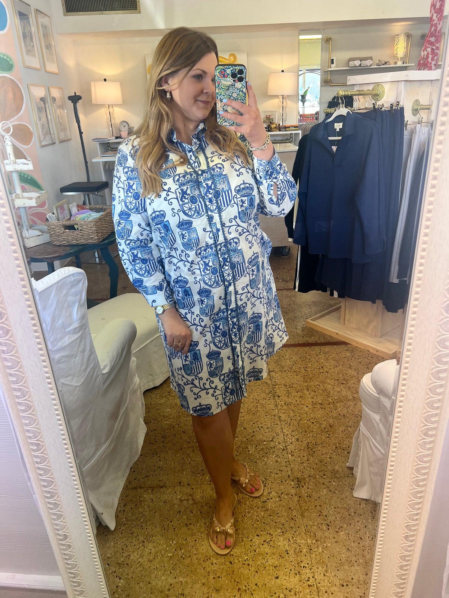 Blue White Crest Button down dress