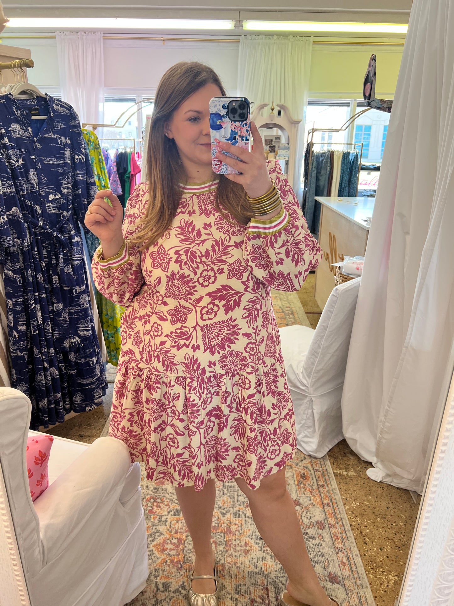 Pink Floral With Contrast Neck Dress