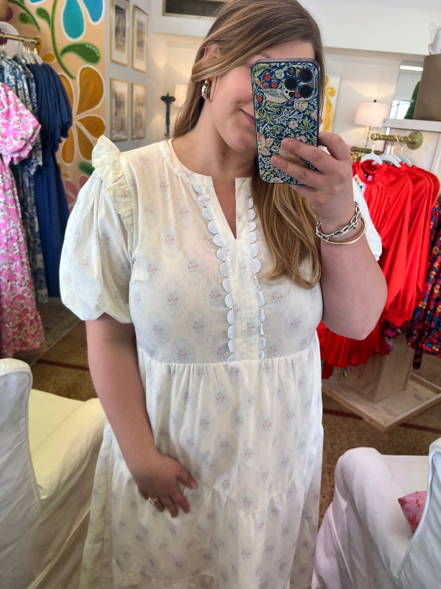 French Floral Scallop Trim Midi Dress