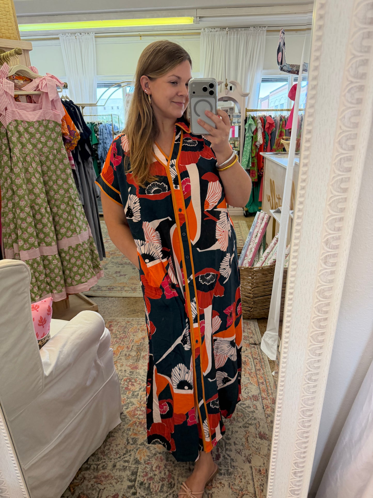Button Down Geo Floral Midi Dress