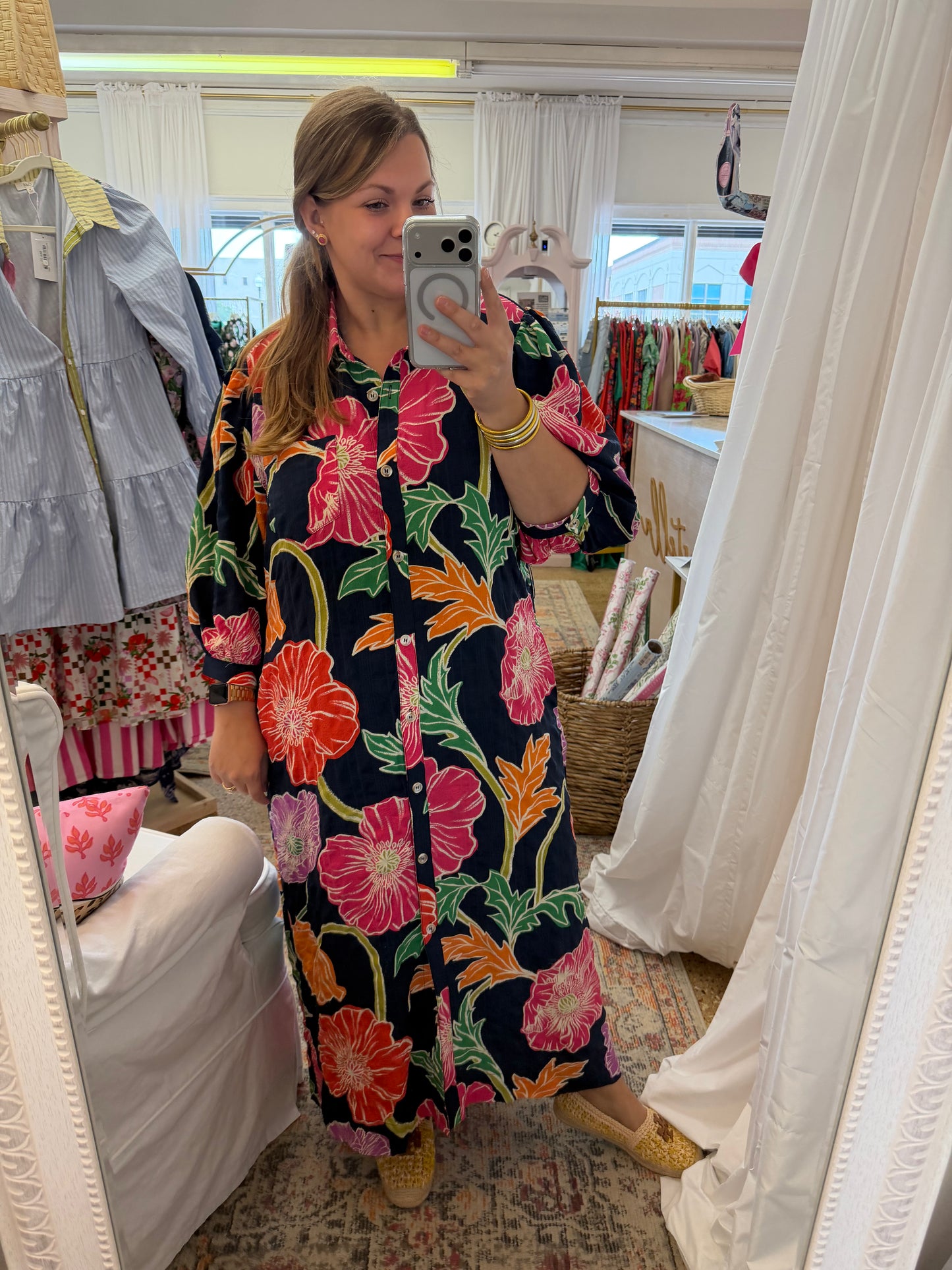 Navy Floral Button Midi Dress