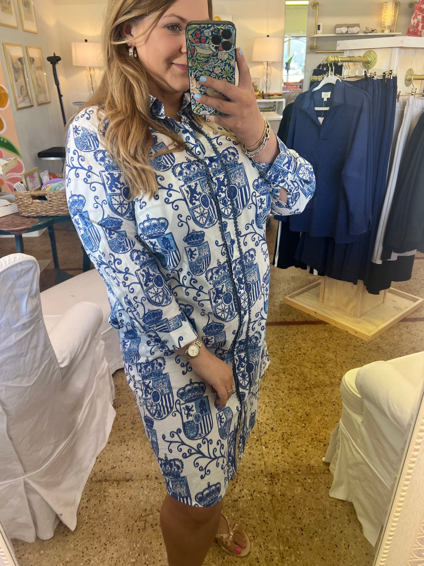 Blue White Crest Button down dress