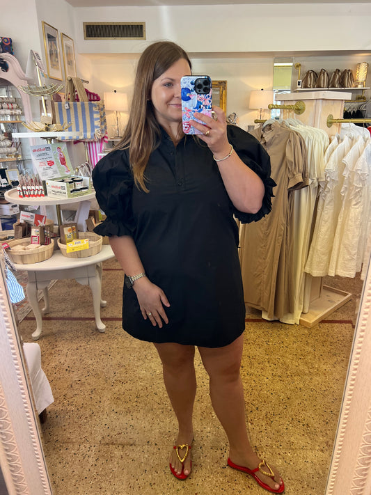 Black Poplin Pleated Sleeve Shirt Dress