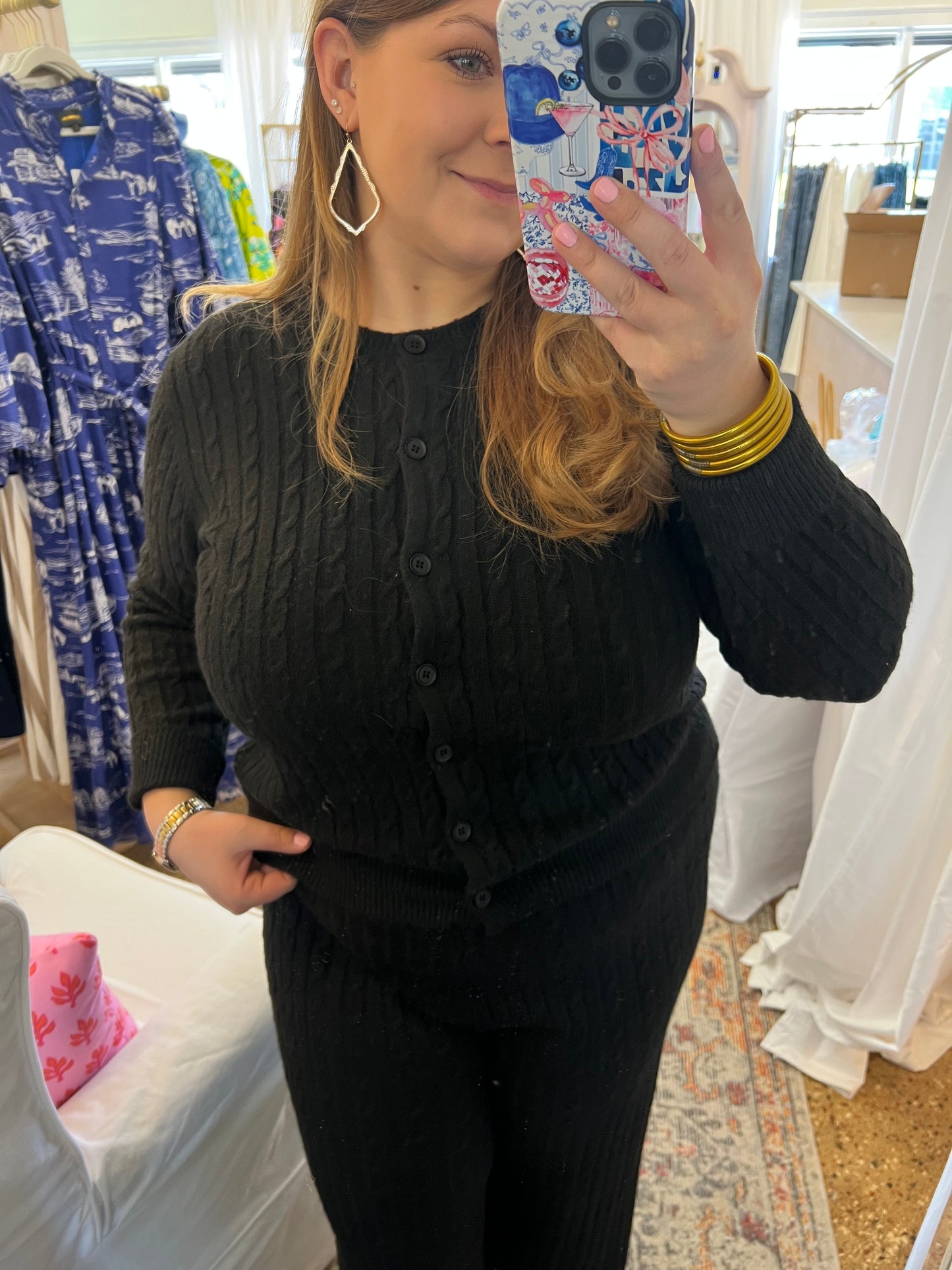Black Cable Knit Cardigan Pant Set