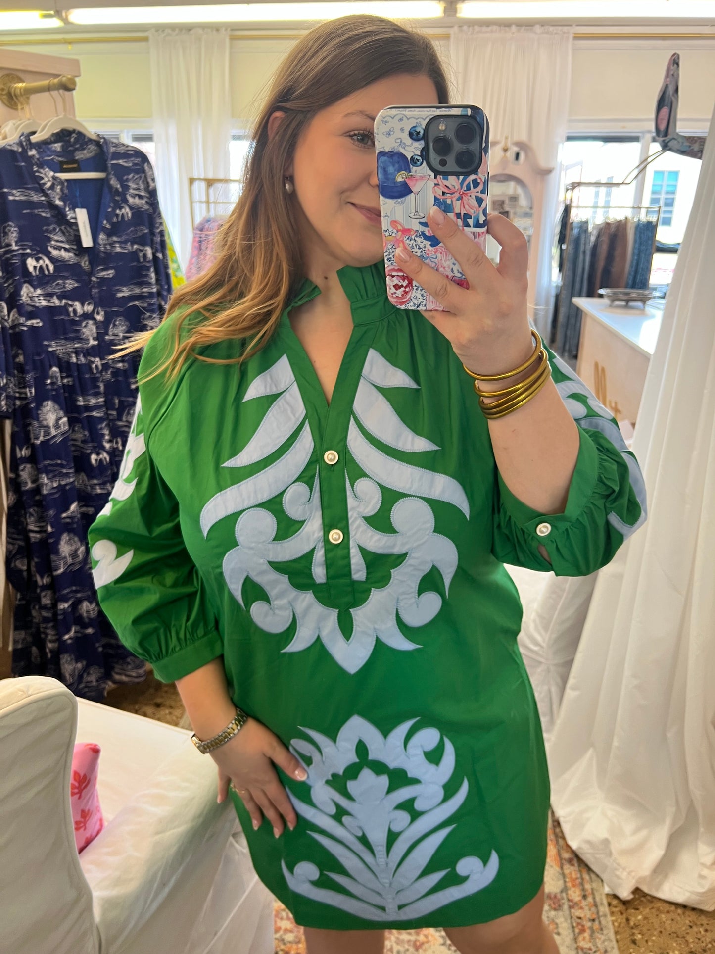 Baroque Floral Applique Dress-Kelly Green