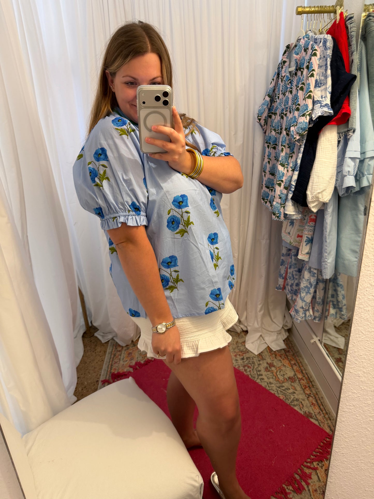 Blue Floral Puff Sleeve Blouse