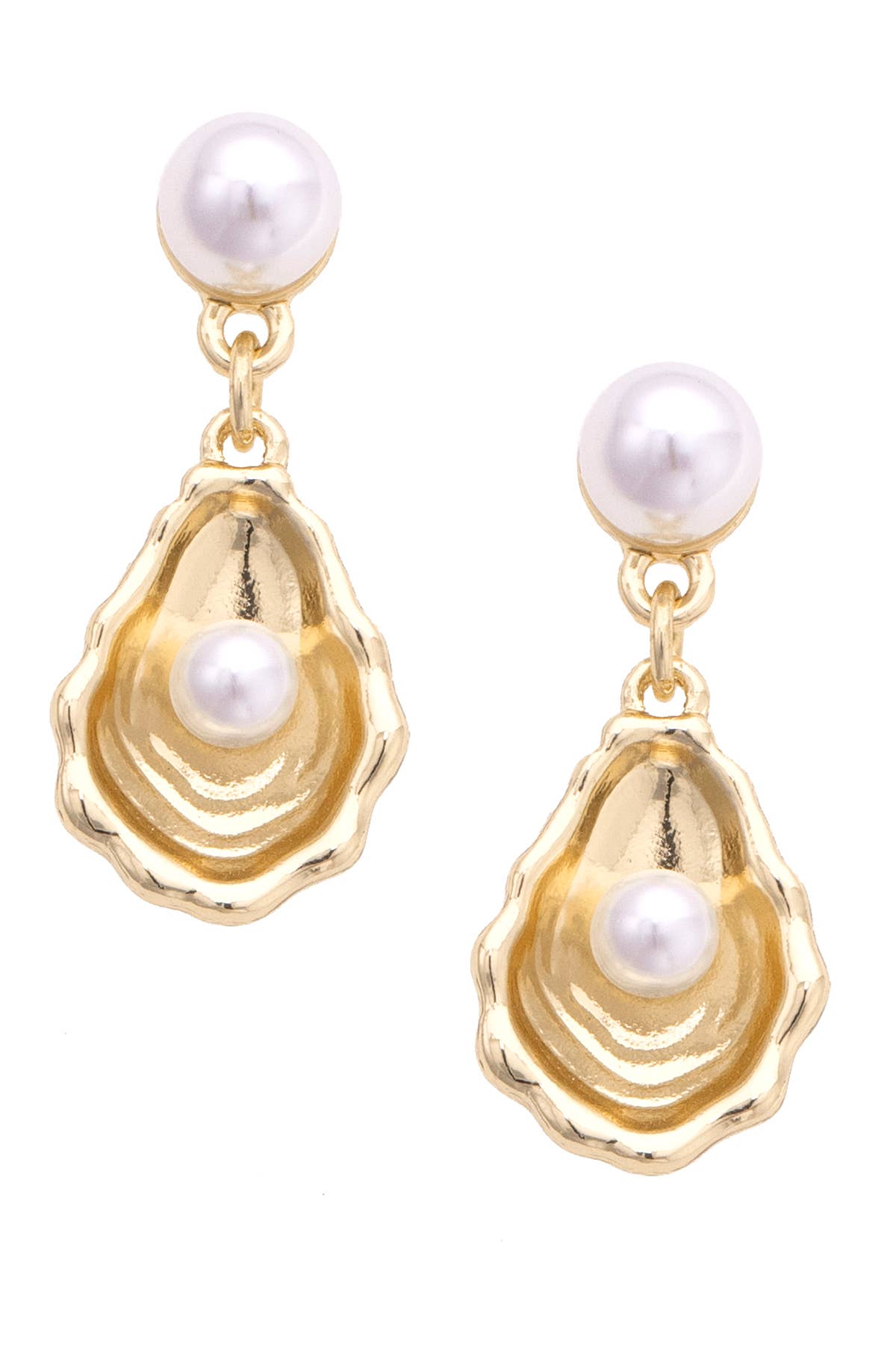 Oyster & Pearl Drop Earrings in Shiny Gold