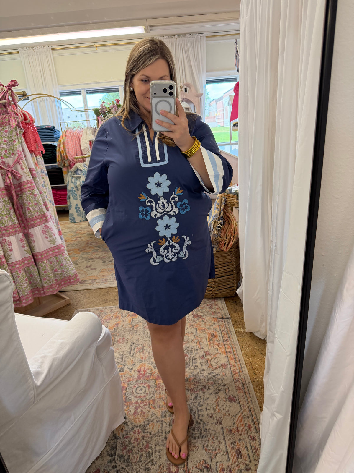 Navy Collared Embroidered Dress