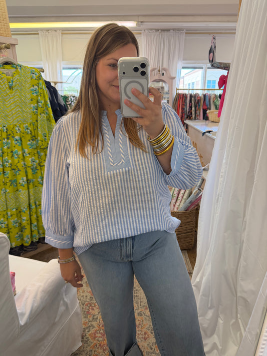 Seersucker Ruffle Neck Blouse