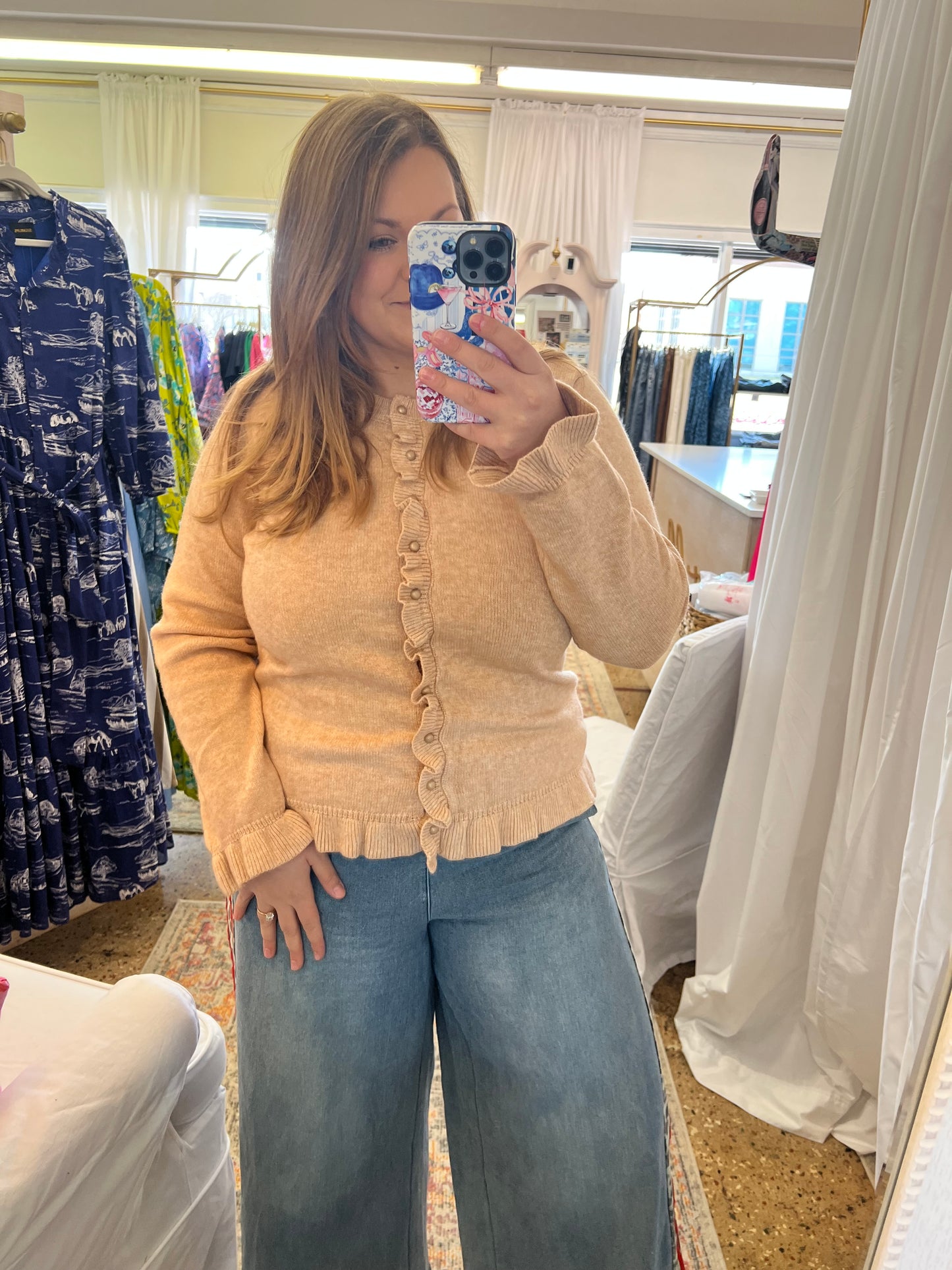 Ruffle Trim Taupe Cardigan