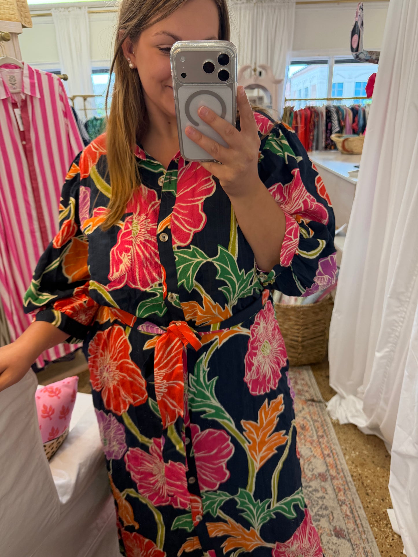 Navy Floral Button Midi Dress