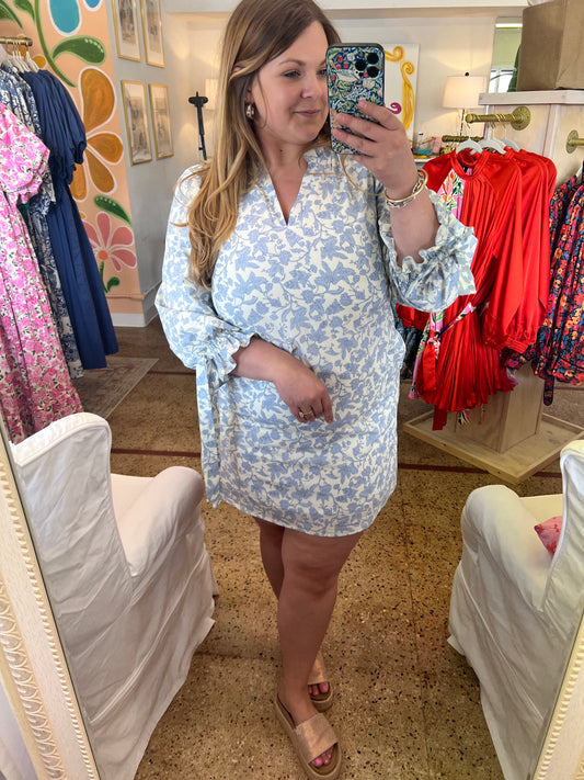 Ruffle Collar Bow Sleeve  Dress Blue/Cream Floral