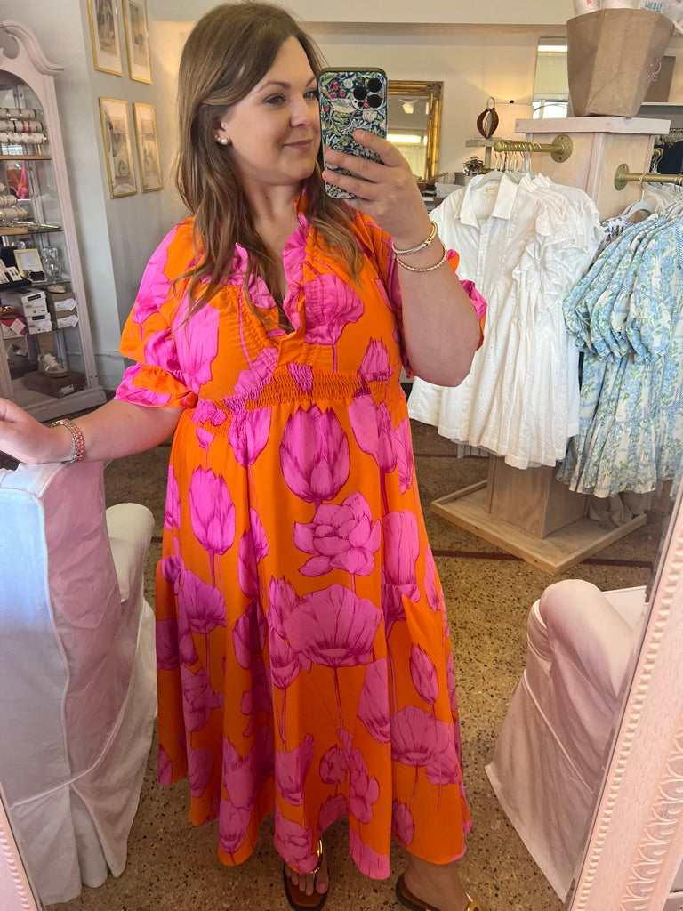 M-Pink & Orange Ruffle Maxi Dress