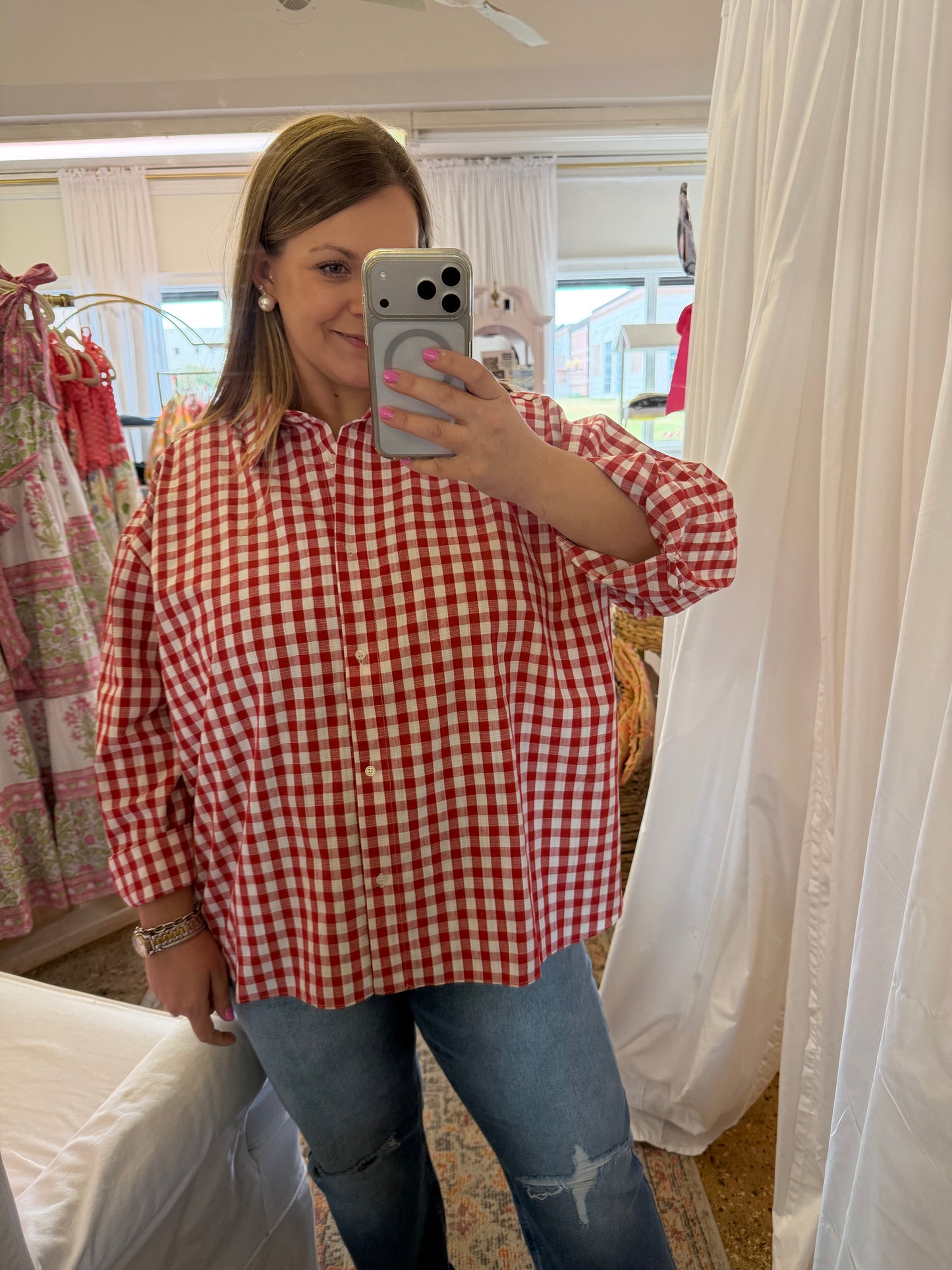 Linen Blend Gingham Button Up-Red