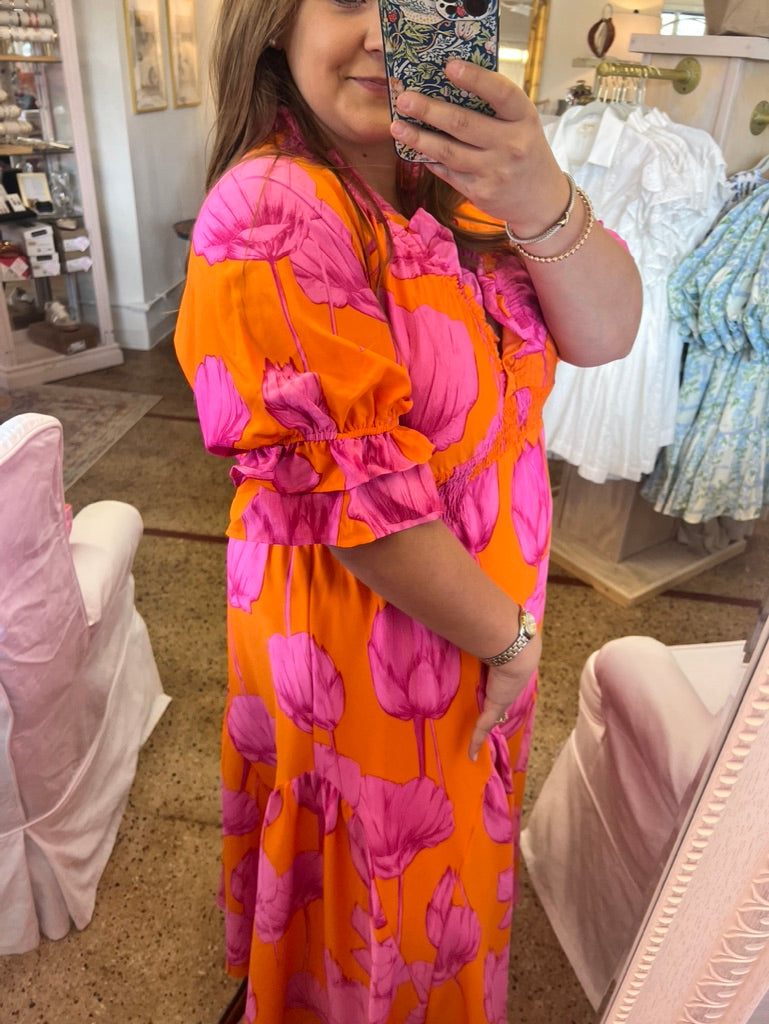 M-Pink & Orange Ruffle Maxi Dress