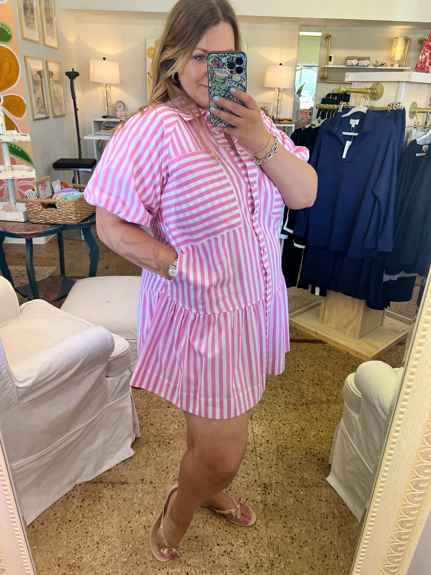 Stripe Button Down Mini Dress-Pink