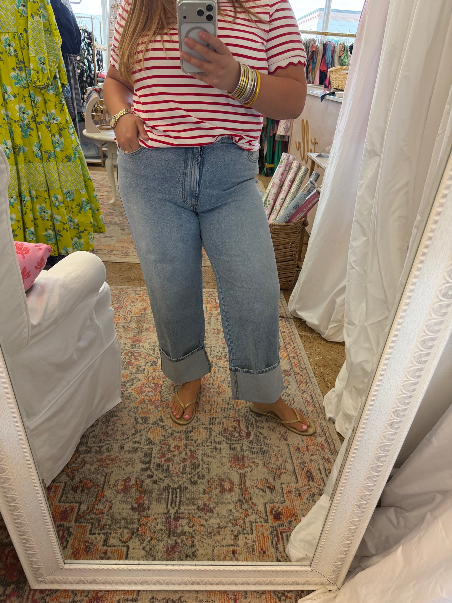 High rise cuffed wide leg denim pants