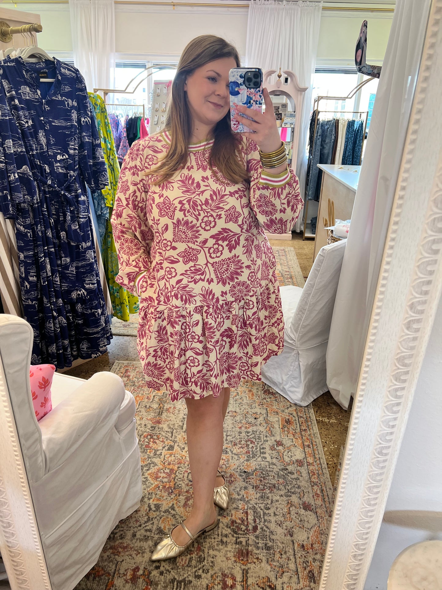 Pink Floral With Contrast Neck Dress