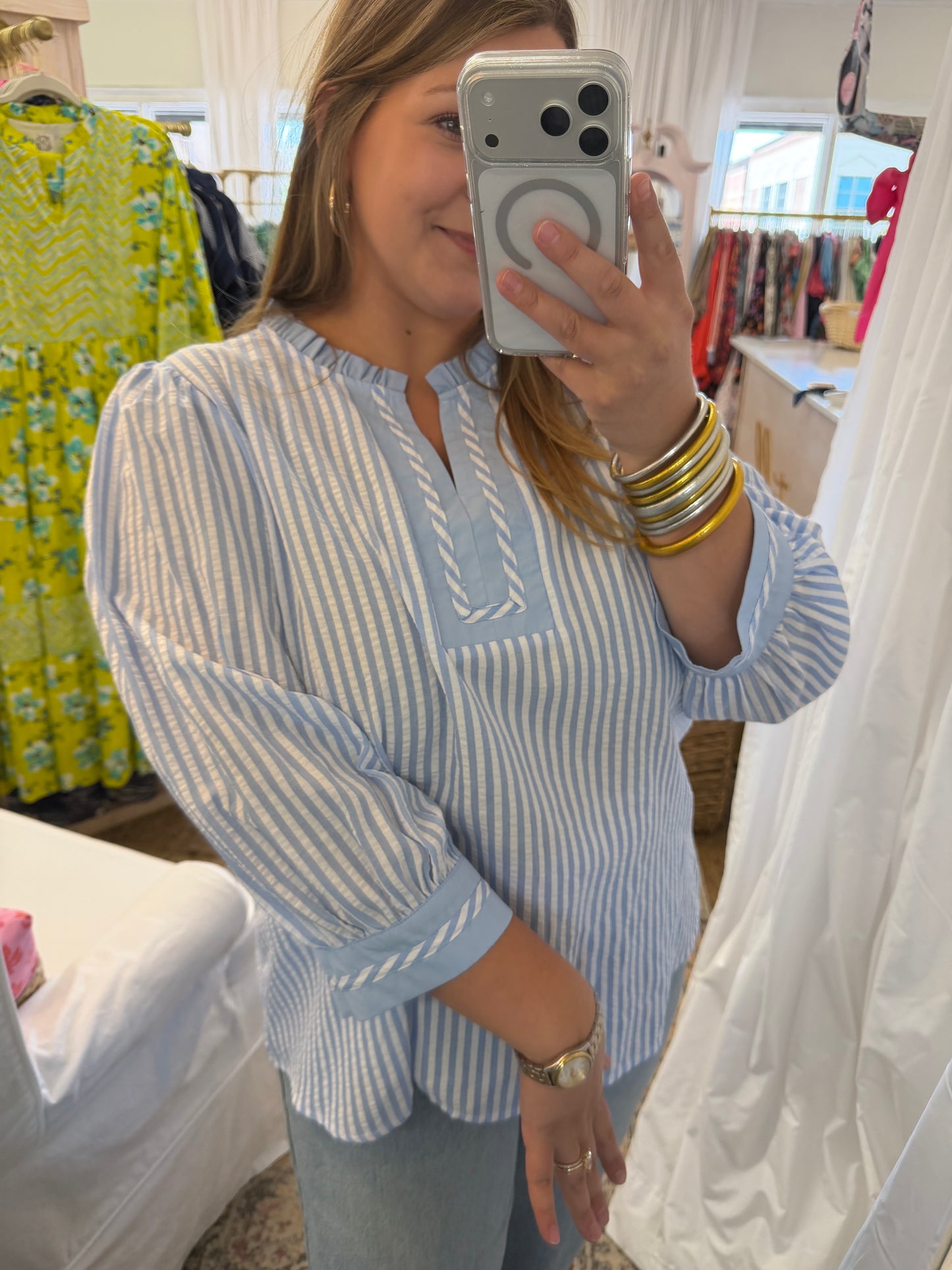 Seersucker Ruffle Neck Blouse