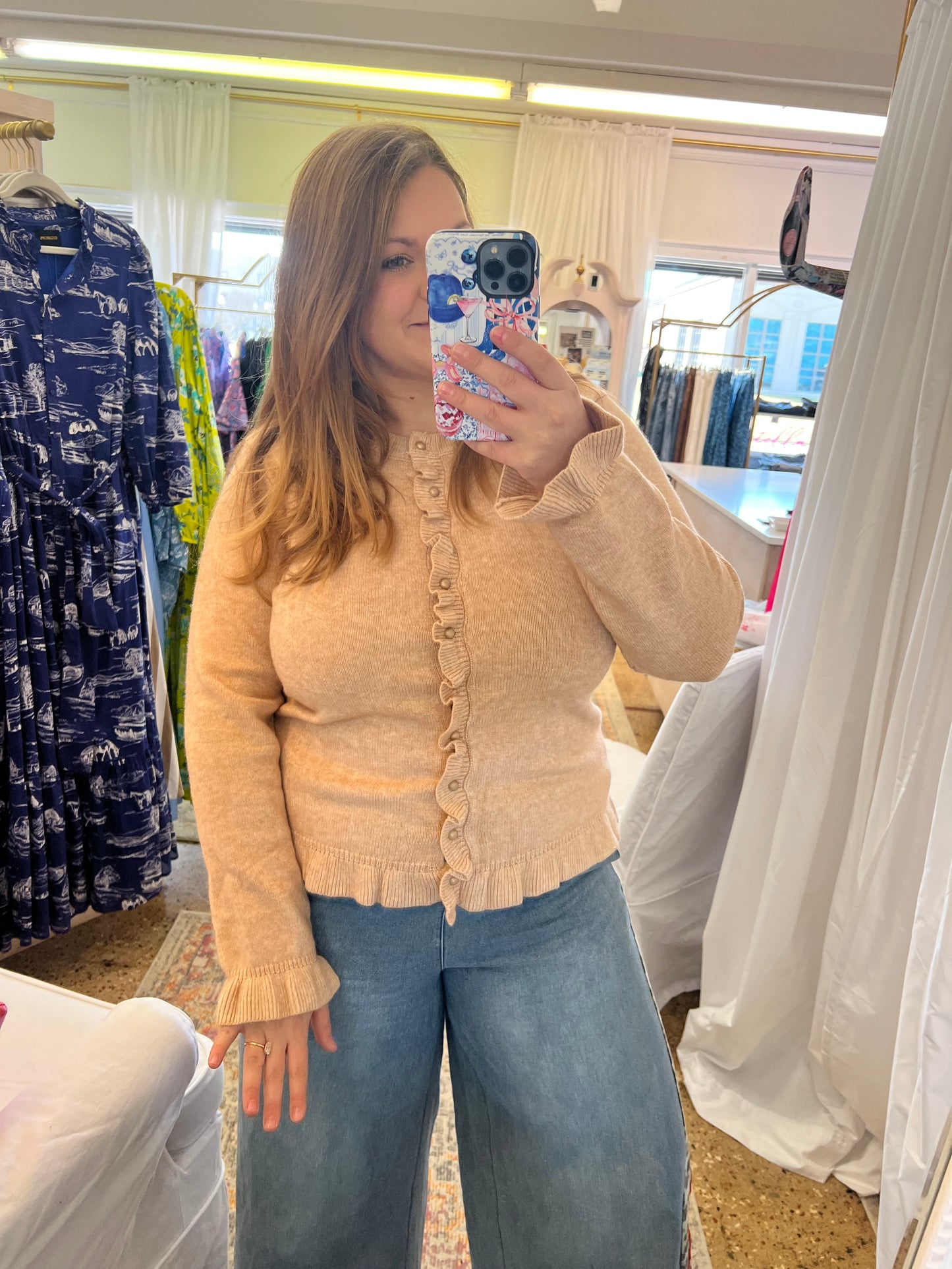 Ruffle Trim Taupe Cardigan
