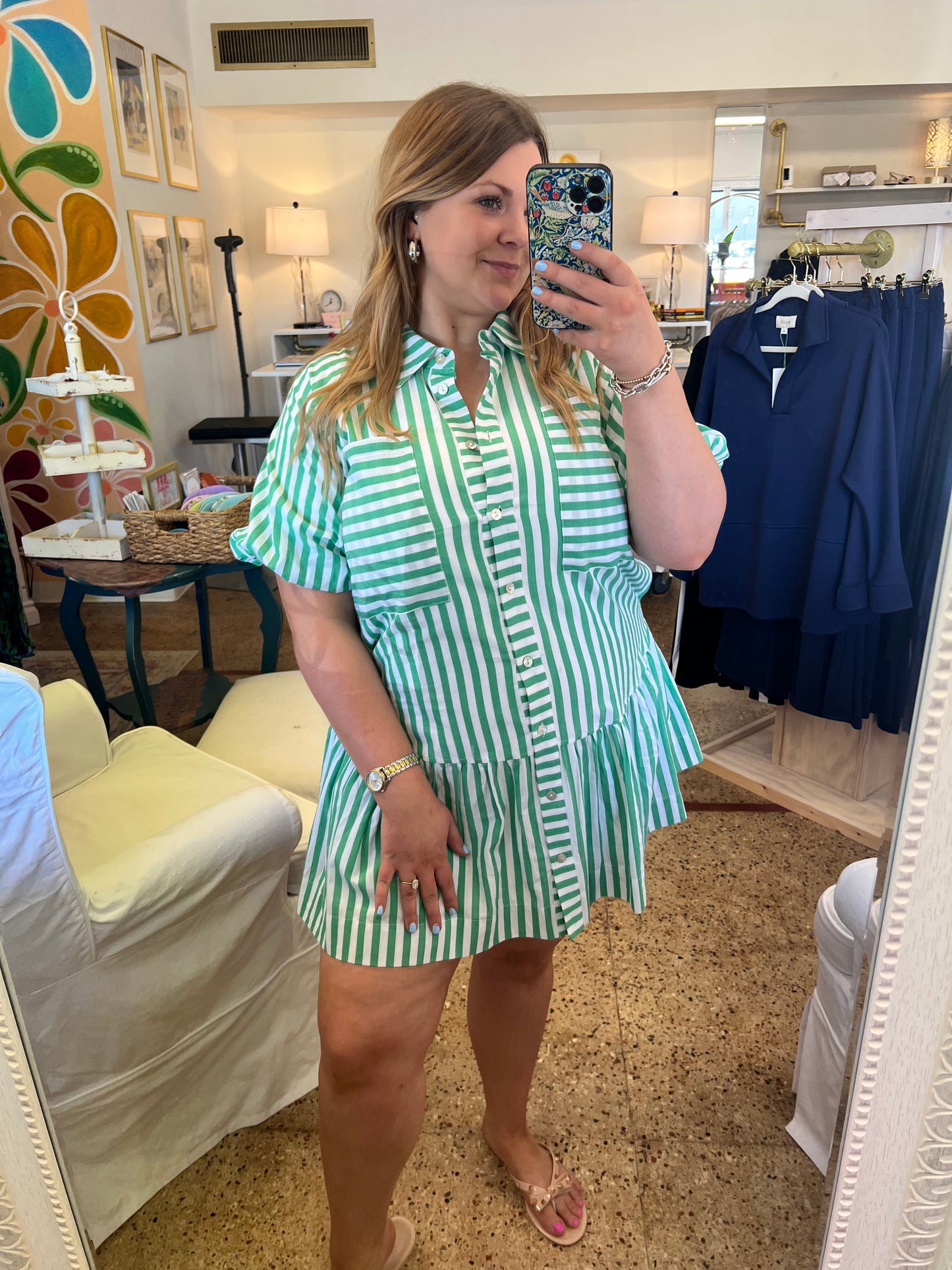 Stripe Button Down Mini Dress-Green