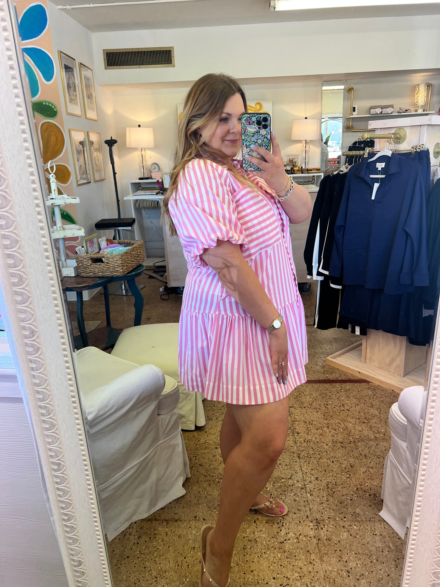 Stripe Button Down Mini Dress-Pink