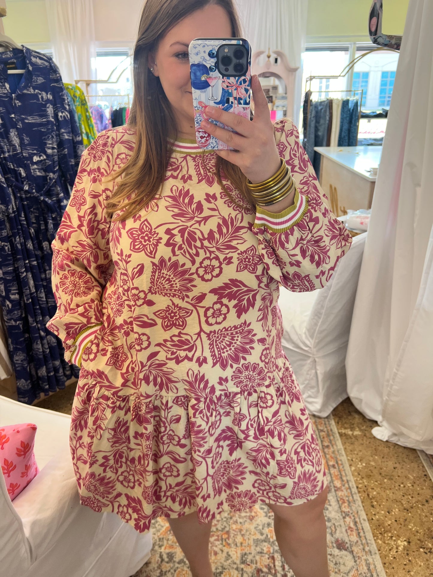 Pink Floral With Contrast Neck Dress