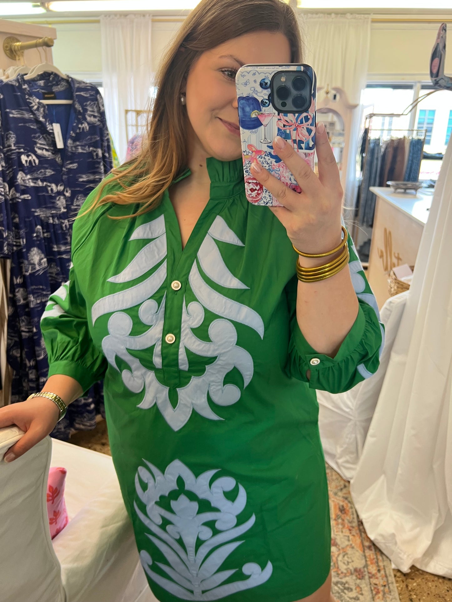 Baroque Floral Applique Dress-Kelly Green