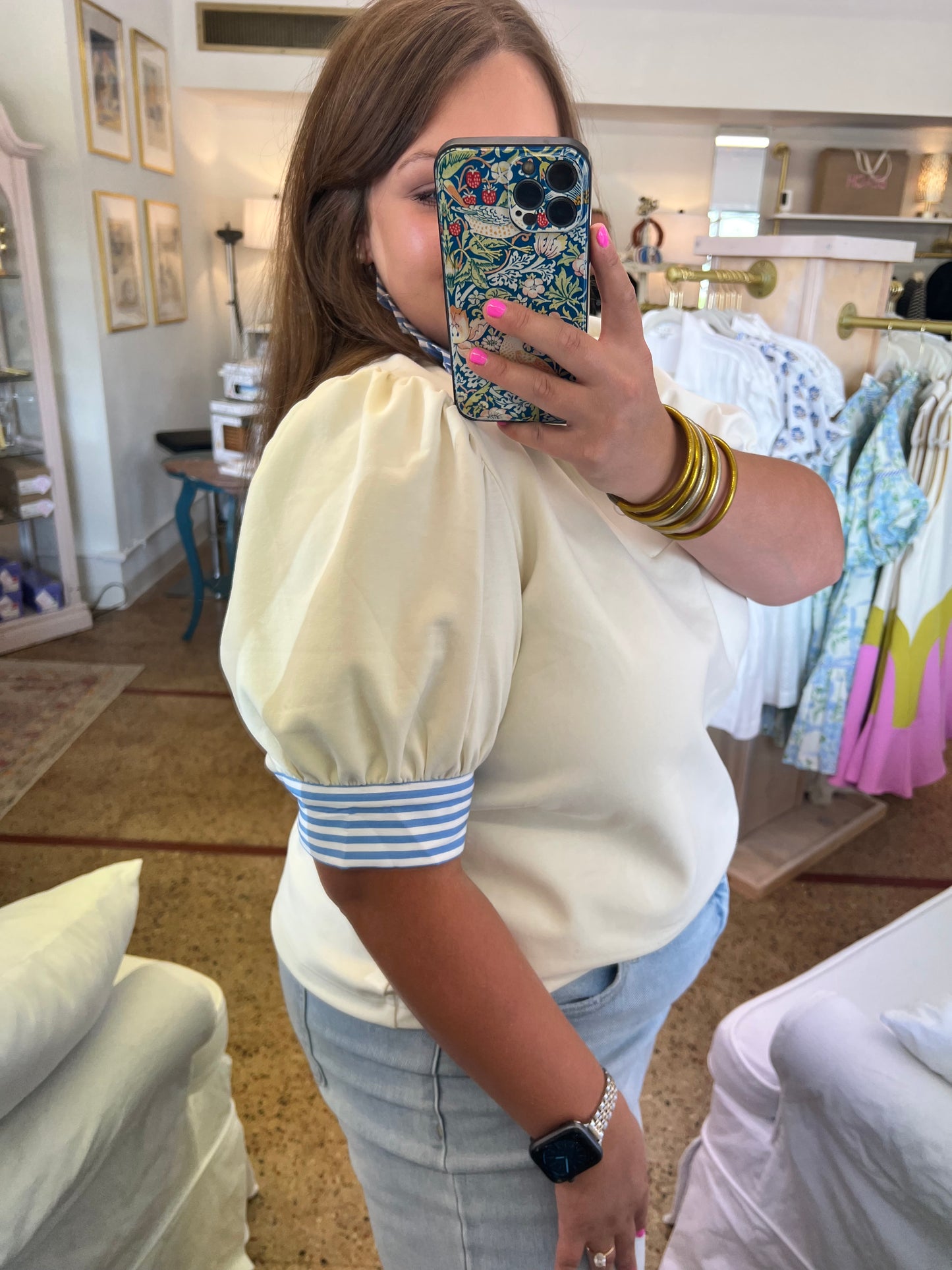 Cream & Stripe Polo Top