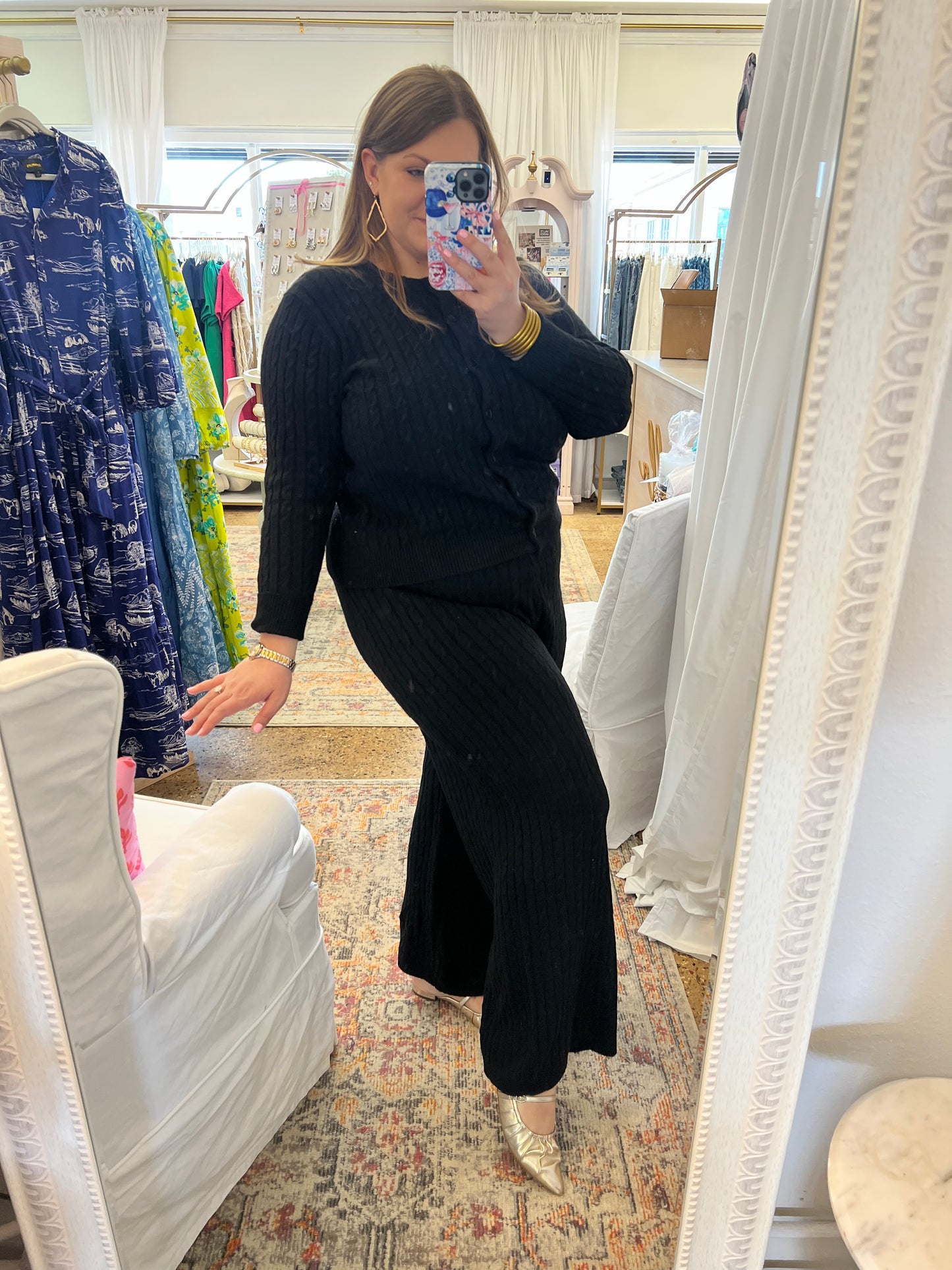 Black Cable Knit Cardigan Pant Set