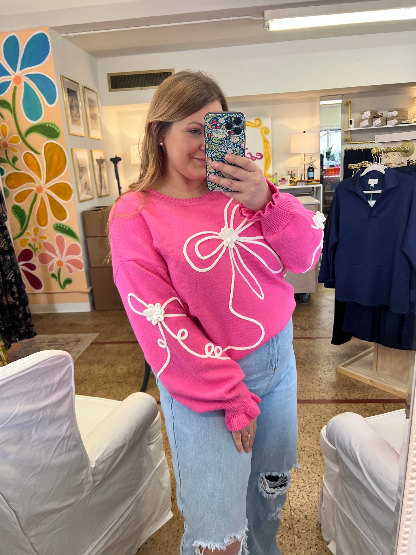 Hot Pink Corded Bow Sweater