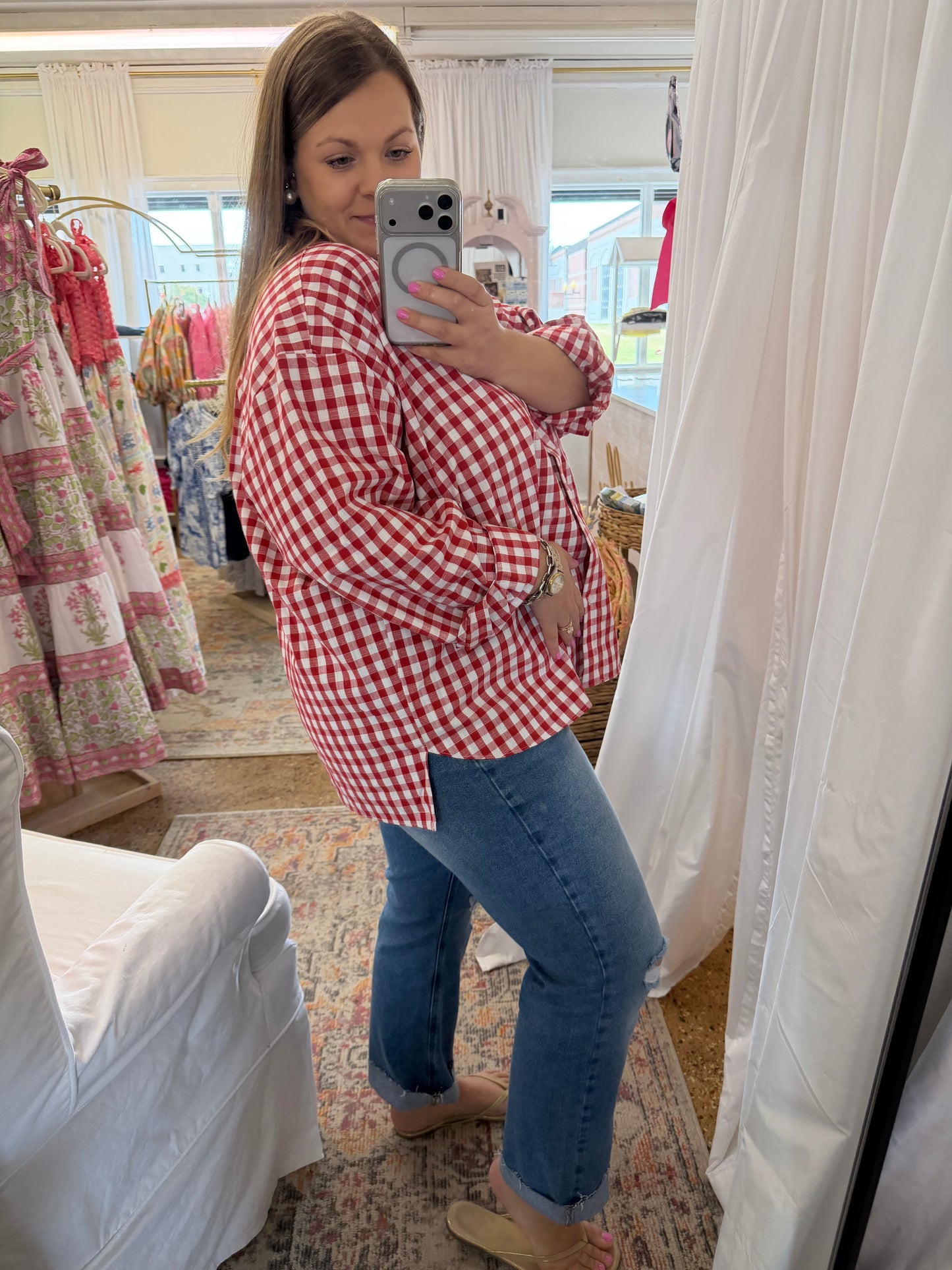 Linen Blend Gingham Button Up-Red