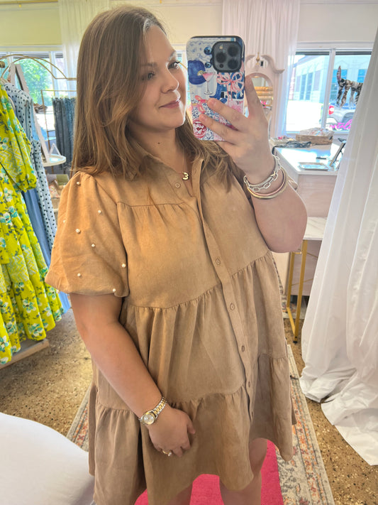 Suede Texture Pearl Sleeve Mini Dress