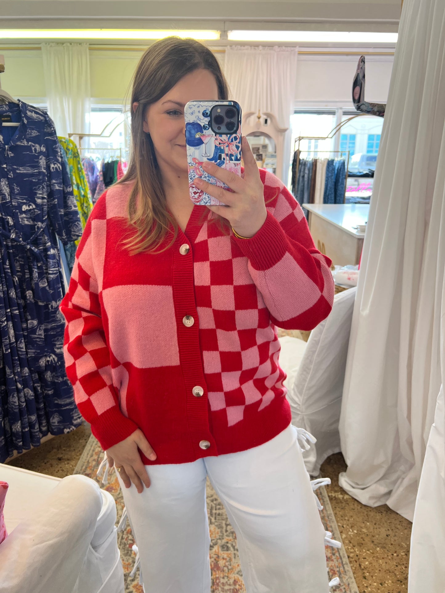 Checkerboard V-Neck Cardigan