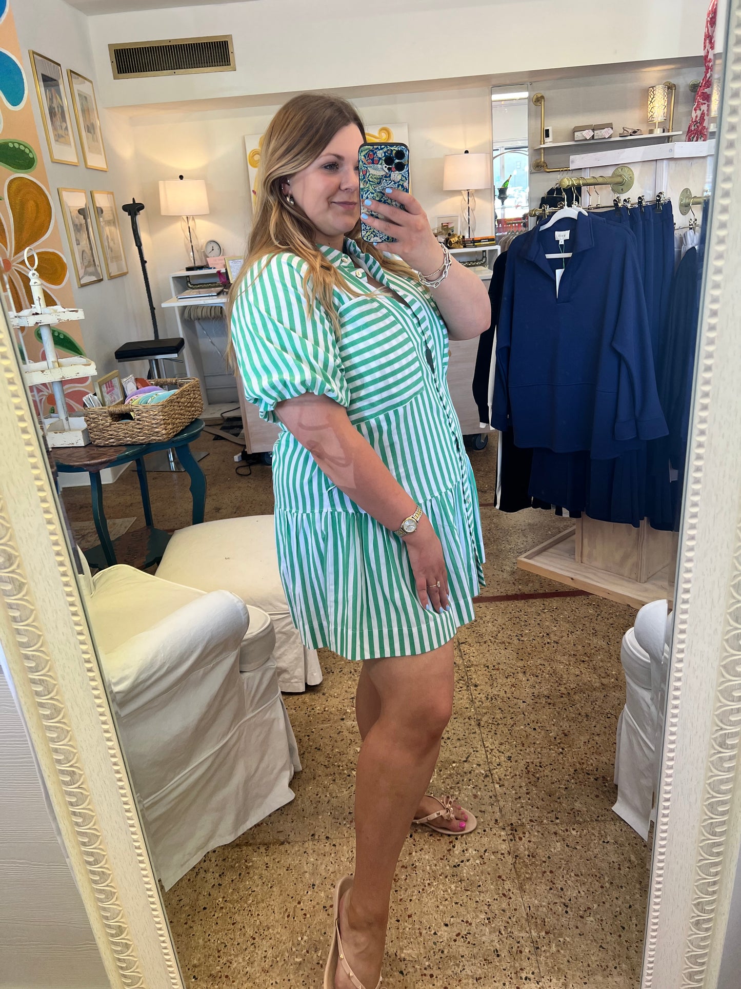 Stripe Button Down Mini Dress-Green