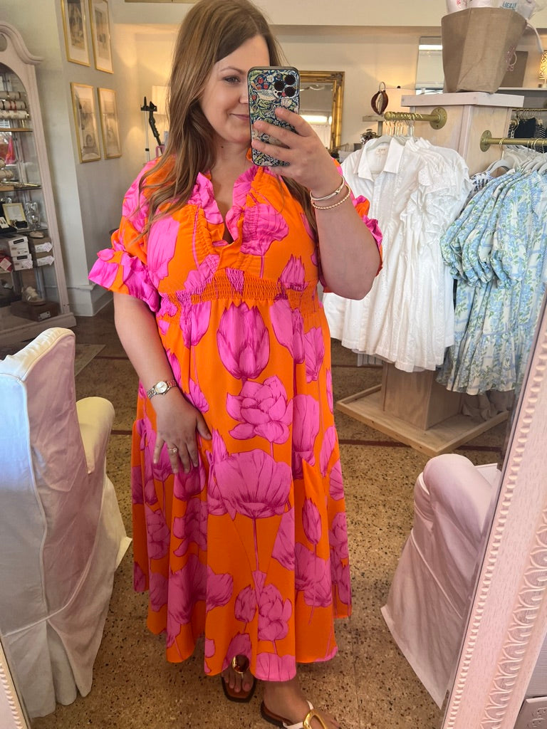 M-Pink & Orange Ruffle Maxi Dress
