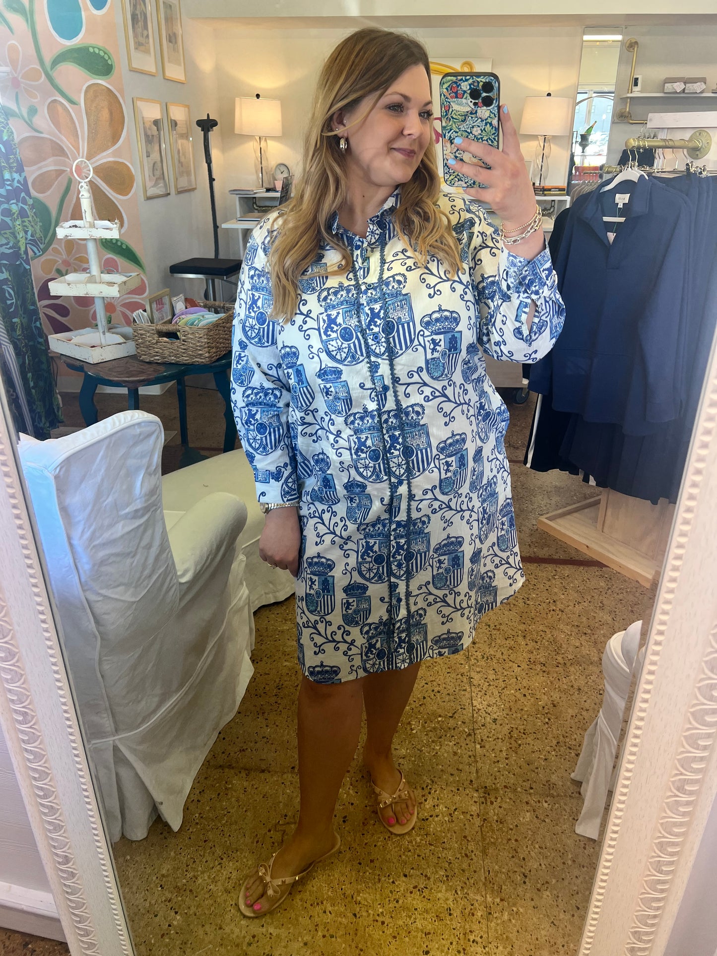Blue White Crest Button down dress