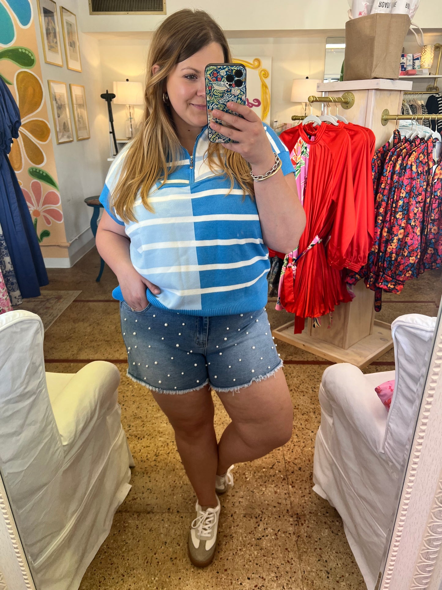 Blue Color Block Half Zip Top