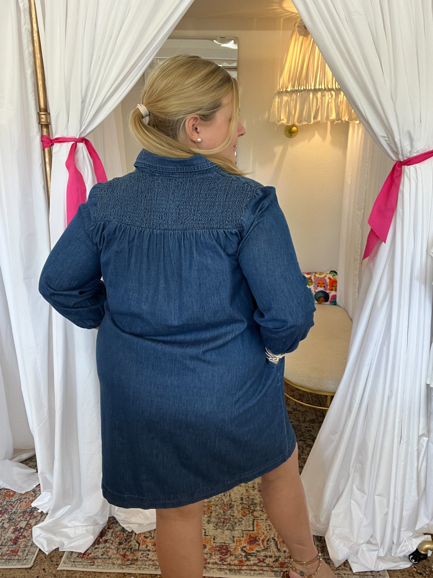 Denim Smocking Detail Dress