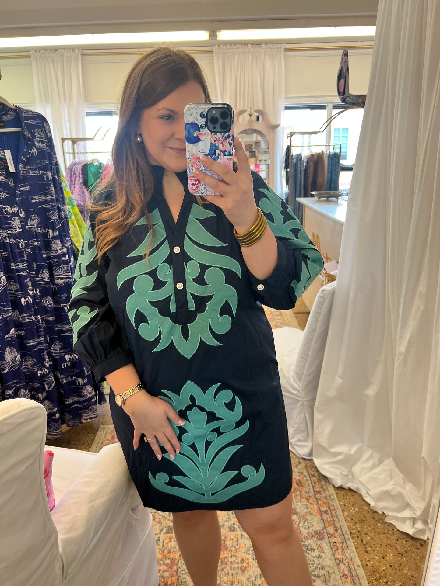 Baroque Floral Applique Dress-Navy