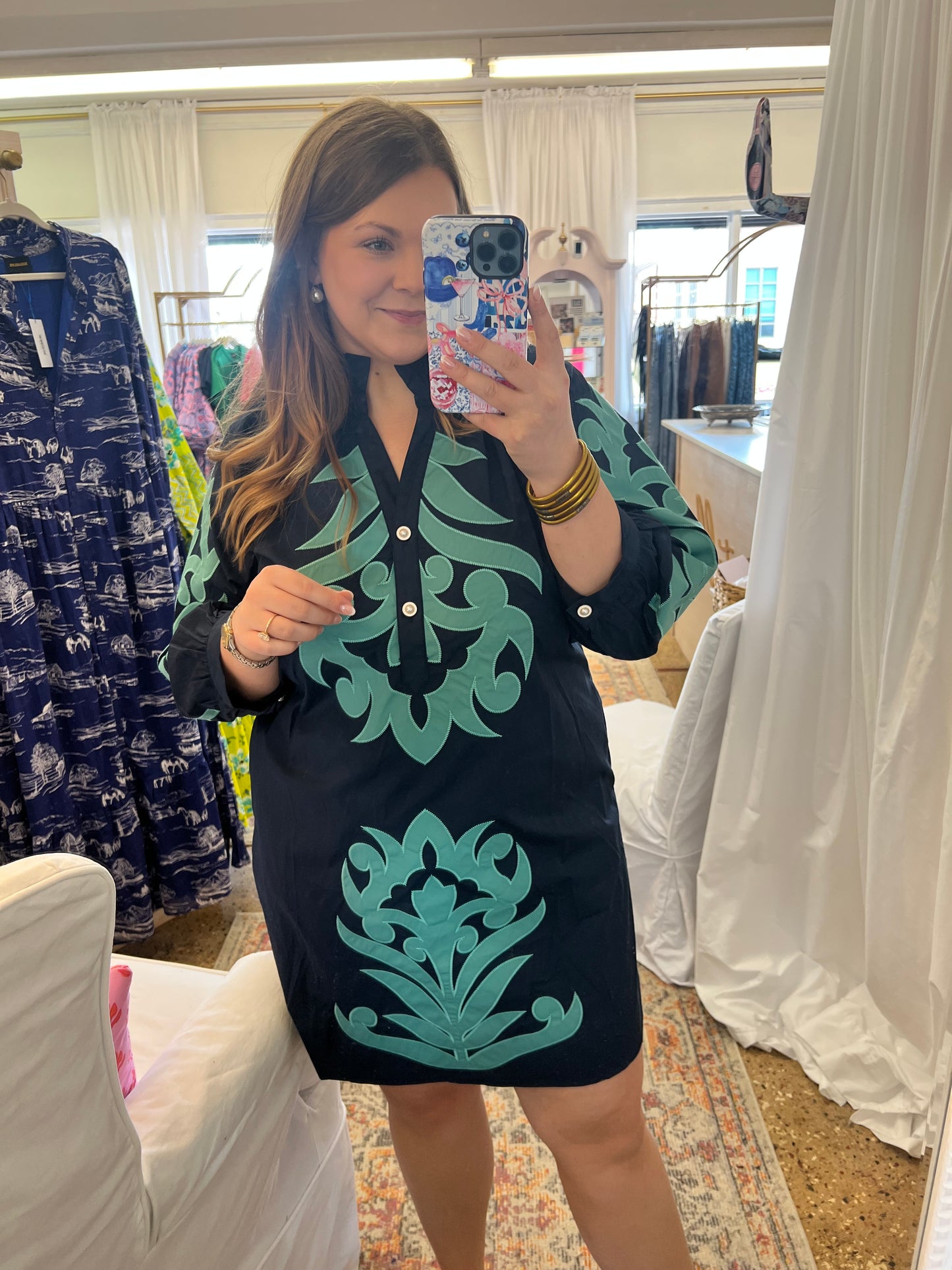 Baroque Floral Applique Dress-Navy