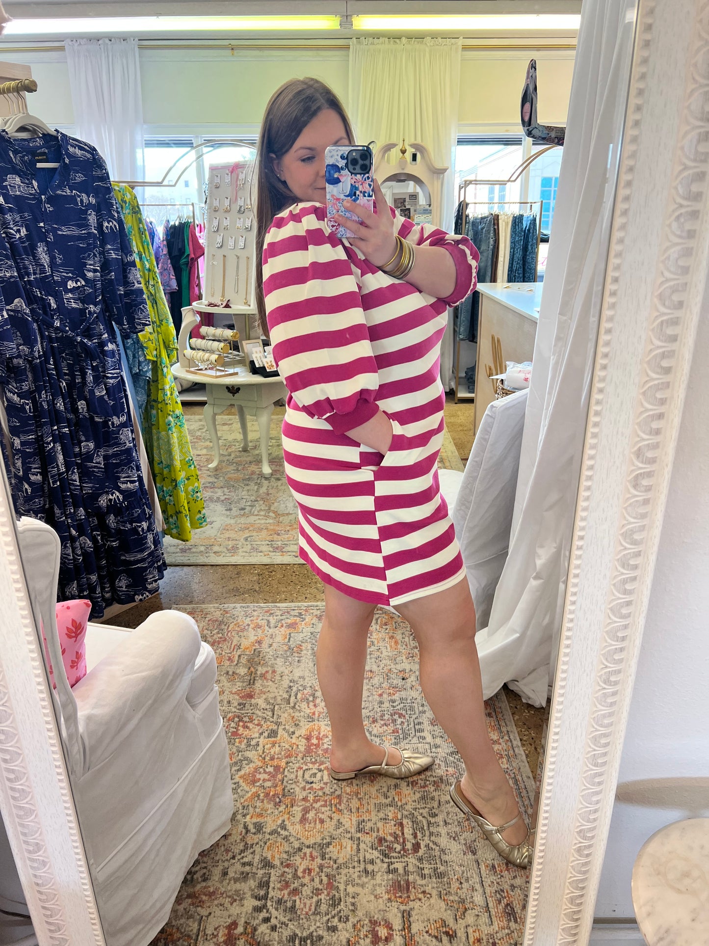 Hot Pink Striped Collared Dress