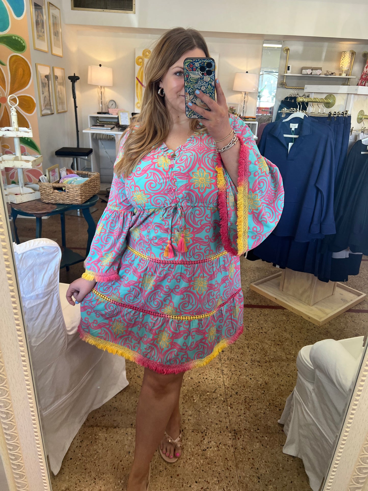 V-Neck Fringe Mini Dress