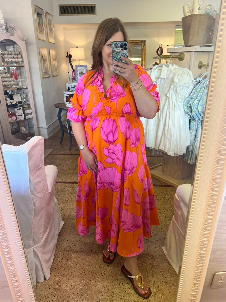M-Pink & Orange Ruffle Maxi Dress