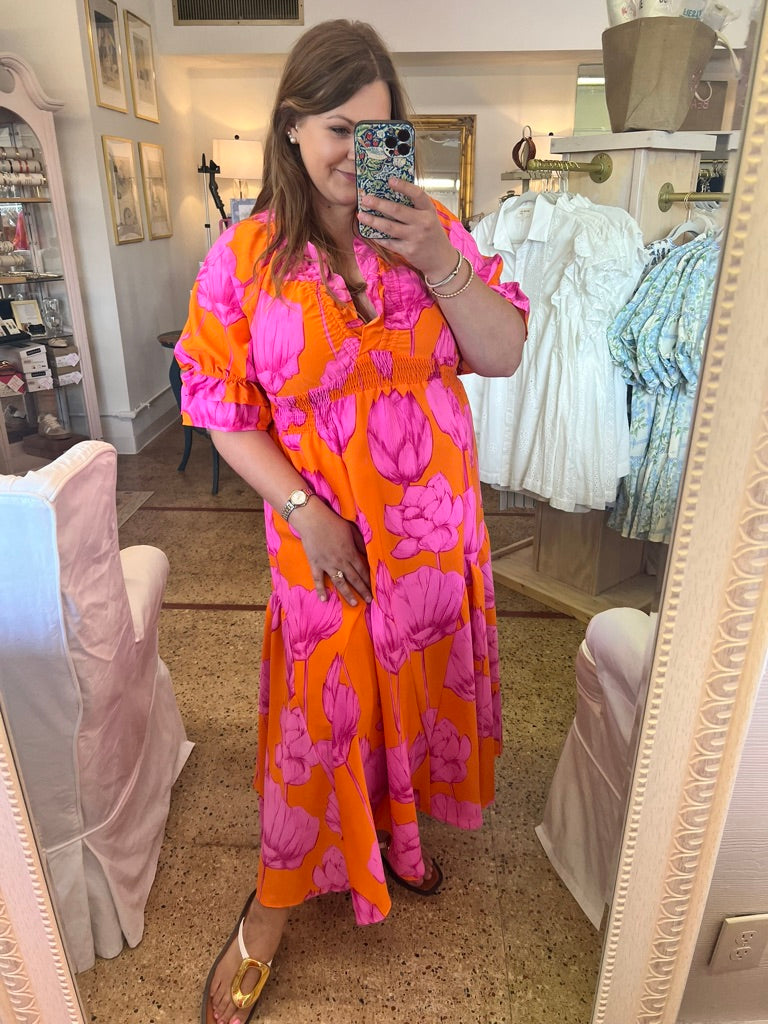 M-Pink & Orange Ruffle Maxi Dress