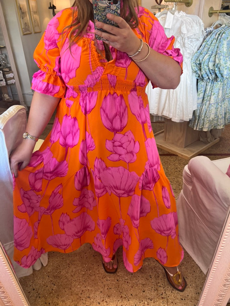 M-Pink & Orange Ruffle Maxi Dress