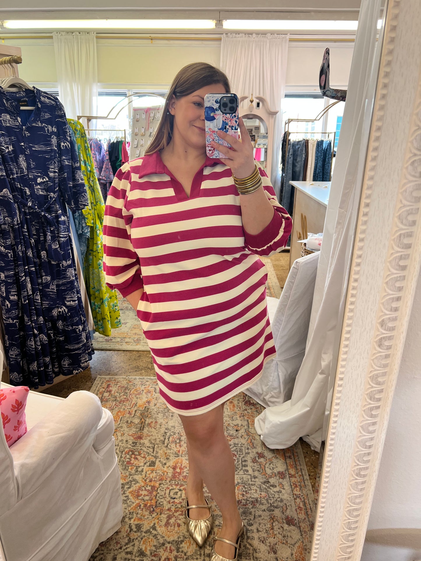 Hot Pink Striped Collared Dress