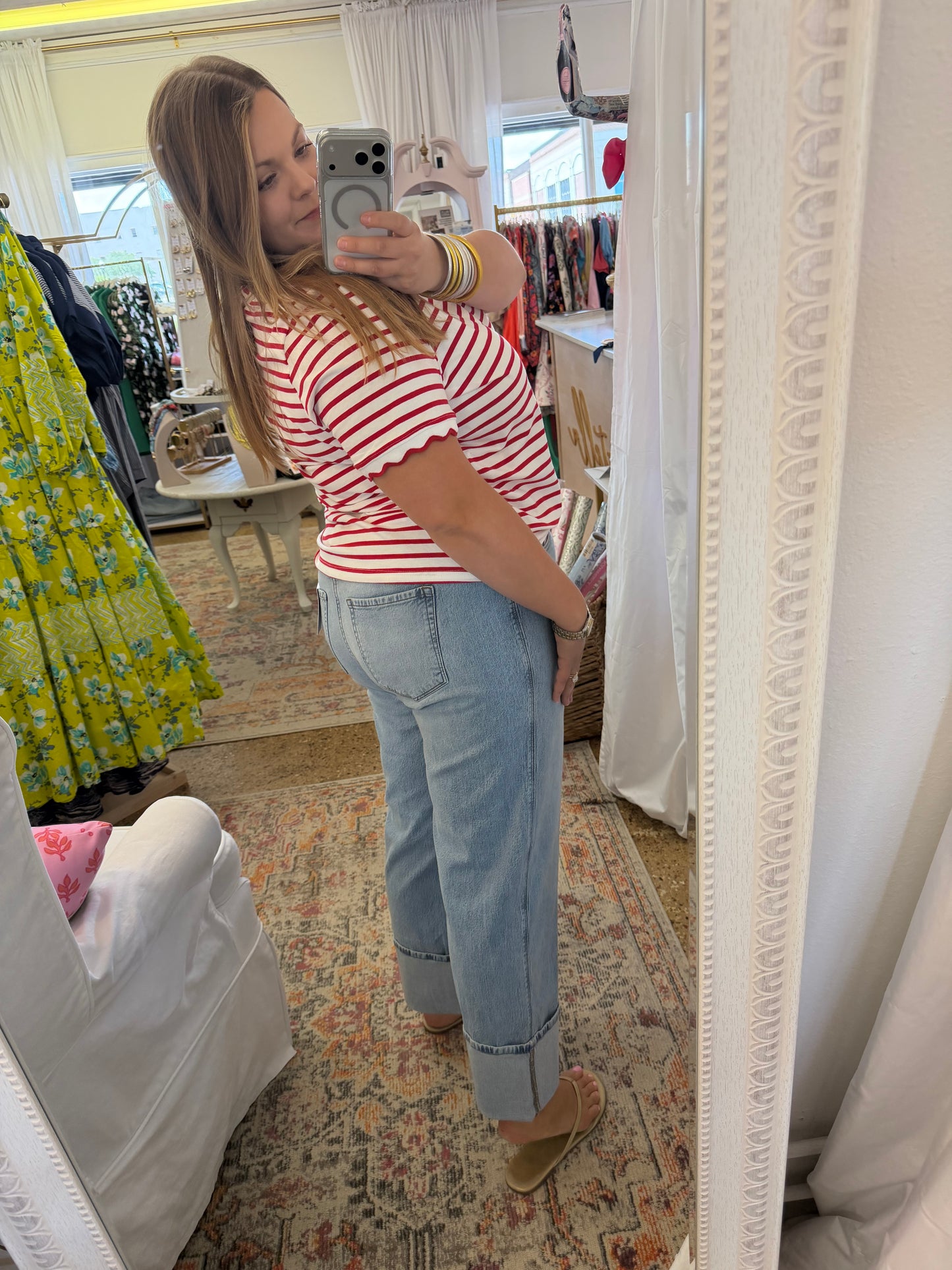 High rise cuffed wide leg denim pants