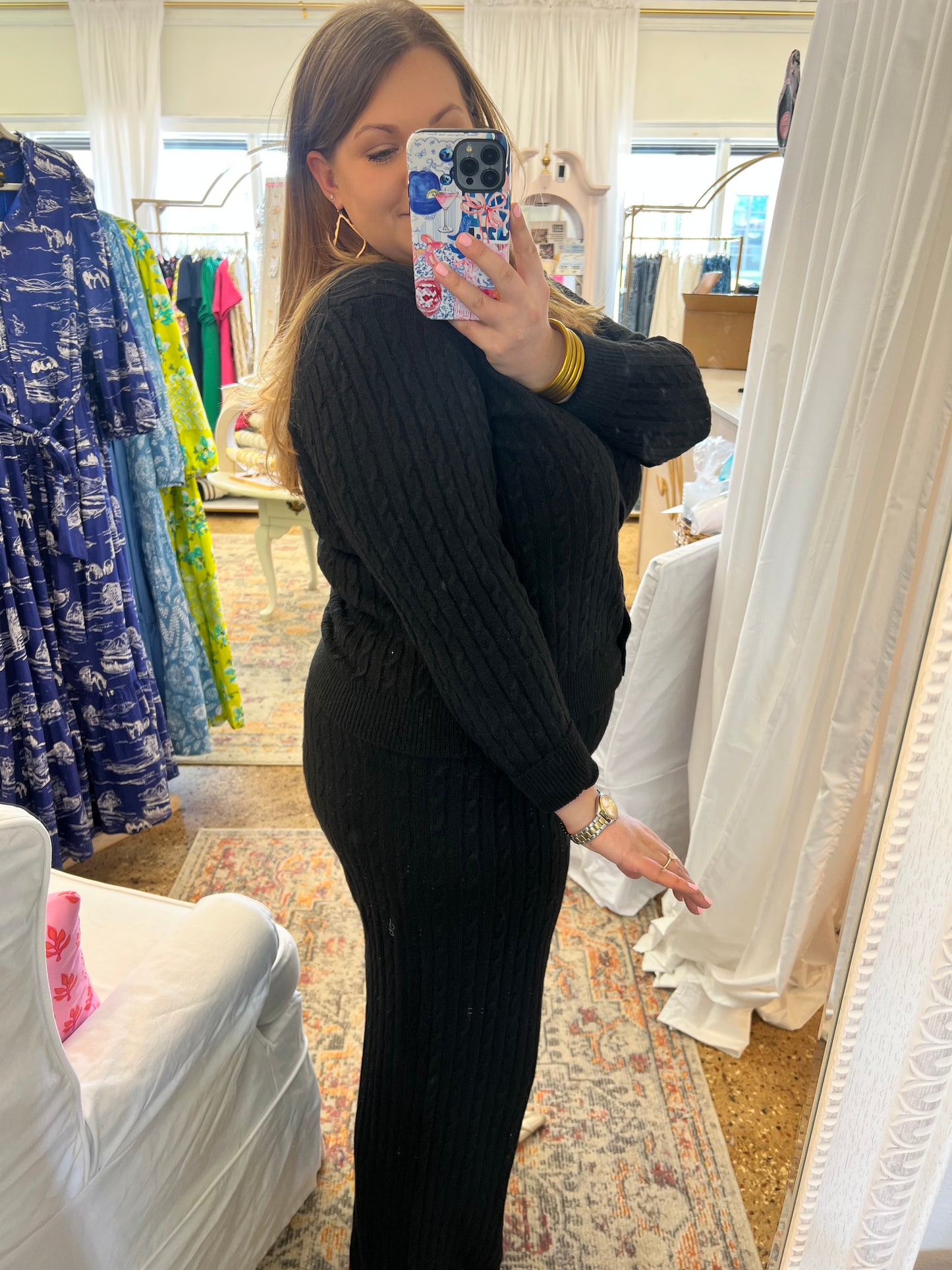 Black Cable Knit Cardigan Pant Set