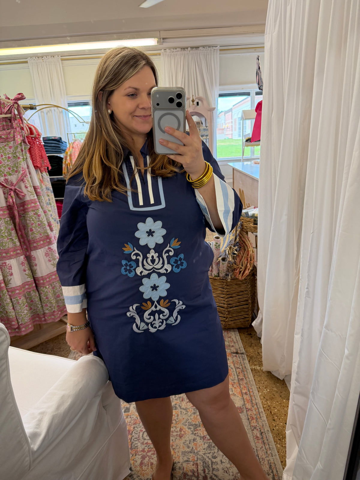 Navy Collared Embroidered Dress